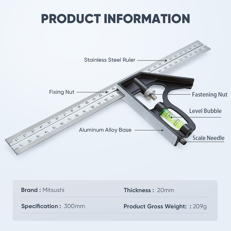 Mitsushi 300mm Adjustable Combination Square Angle Ruler gauge 45/90 Degree With Bubble Level(45°/90°)
