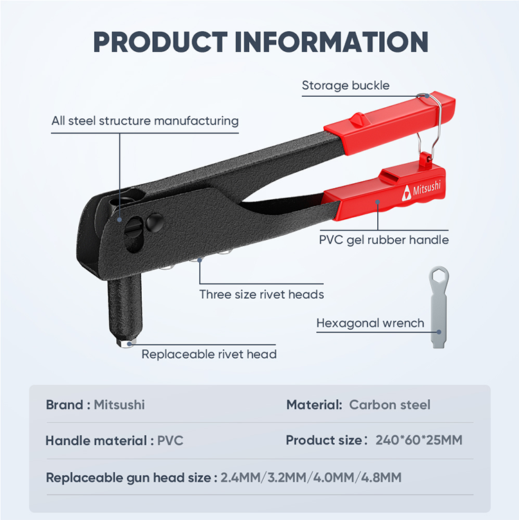 Mitsushi (2.4mm, 3.2mm, 4.0mm, 4.8m) 4 Nozzles Hand Riveter Heavy Duty Rivet Hand Riveter