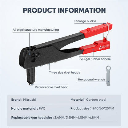 Mitsushi (2.4mm, 3.2mm, 4.0mm, 4.8m) 4 Nozzles Hand Riveter Heavy Duty Rivet Hand Riveter