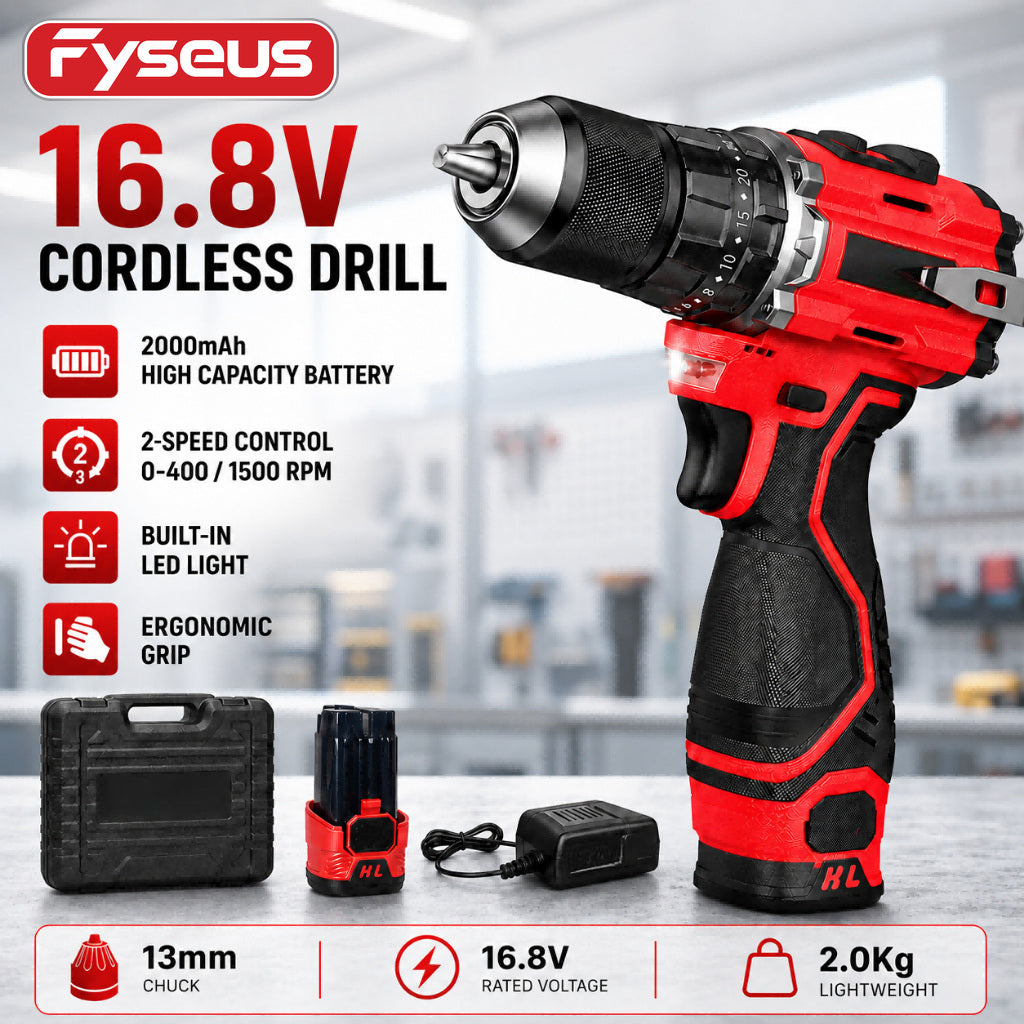 FYSEUS 21V cordless drill/driver kit with lighting, variable speed, including 2 batteries and 1 charger