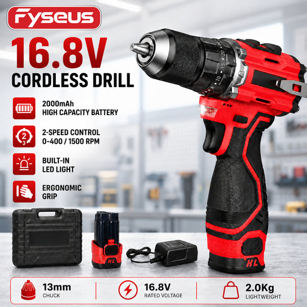 FYSEUS 21V cordless drill/driver kit with lighting, variable speed, including 2 batteries and 1 charger